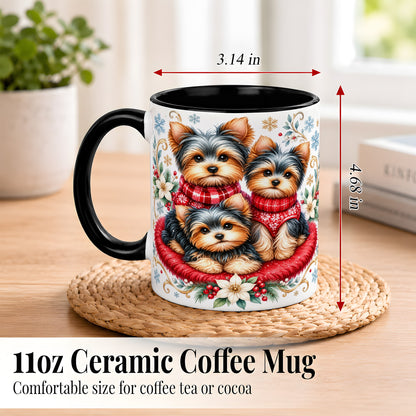 #pl[11oz|Black] Yorkshire Terrier Trio Coffee Mug, Christmas Dog Mug, Ceramic Cup