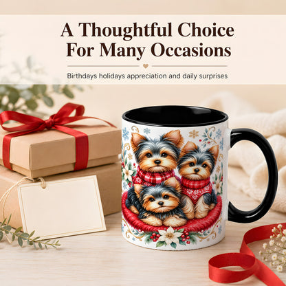 #pl[11oz|Black] Yorkshire Terrier Trio Coffee Mug, Christmas Dog Mug, Ceramic Cup