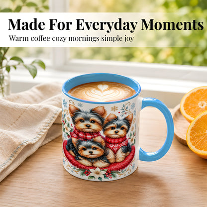 #pl[11oz|Blue] Yorkshire Terrier Trio Coffee Mug, Christmas Dog Mug, Ceramic Cup
