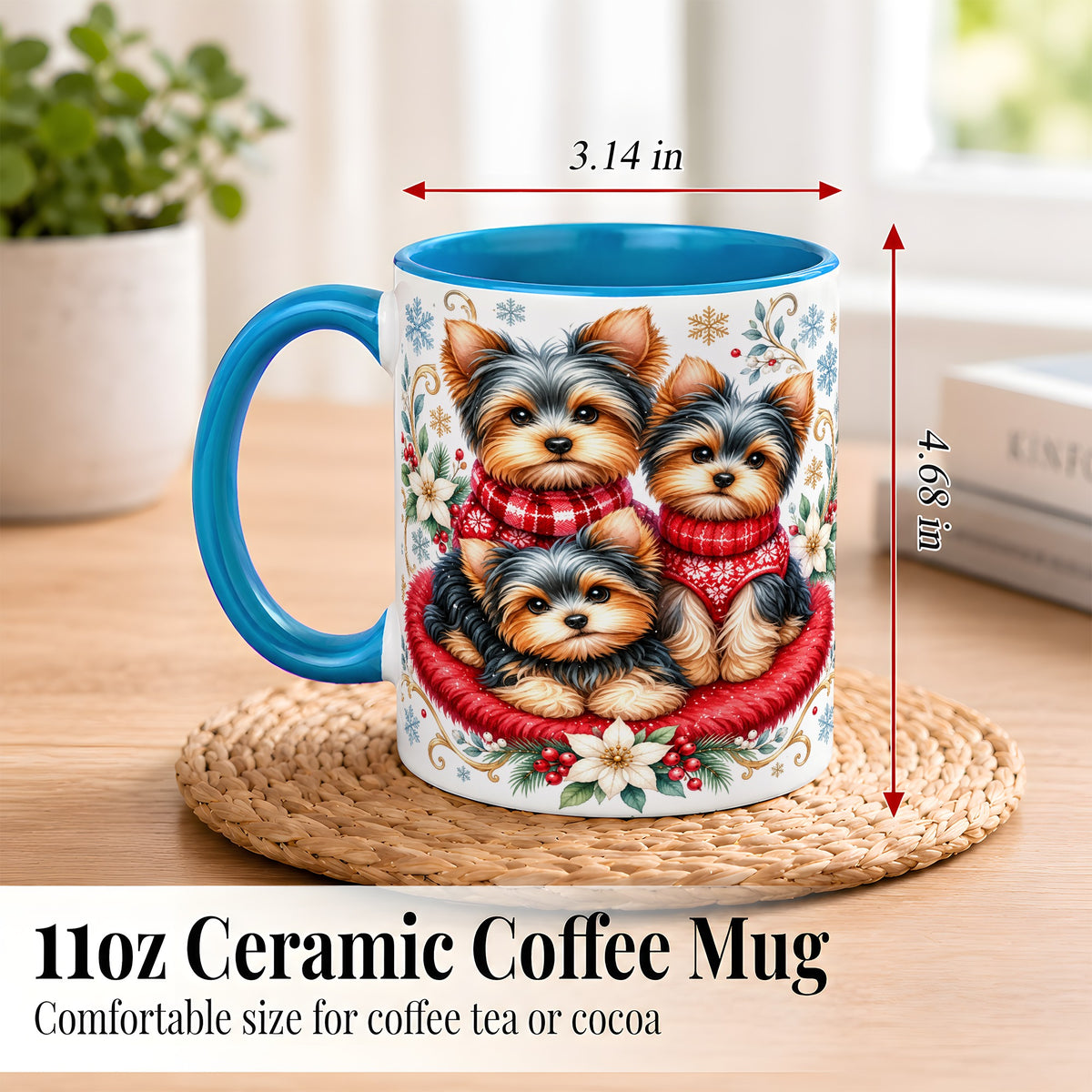 #pl[11oz|Blue] Yorkshire Terrier Trio Coffee Mug, Christmas Dog Mug, Ceramic Cup