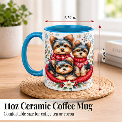 #pl[11oz|Blue] Yorkshire Terrier Trio Coffee Mug, Christmas Dog Mug, Ceramic Cup