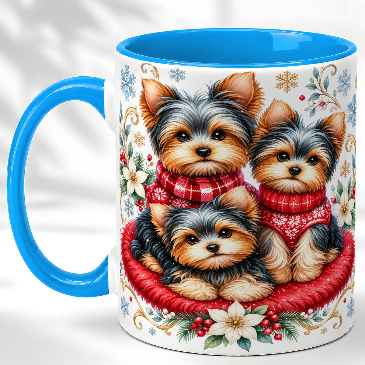 #pl[11oz|Blue] Yorkshire Terrier Trio Coffee Mug, Christmas Dog Mug, Ceramic Cup
