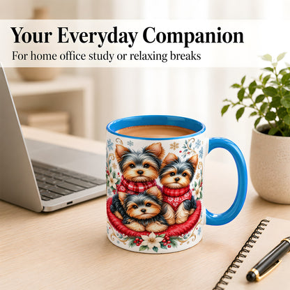 #pl[11oz|Blue] Yorkshire Terrier Trio Coffee Mug, Christmas Dog Mug, Ceramic Cup