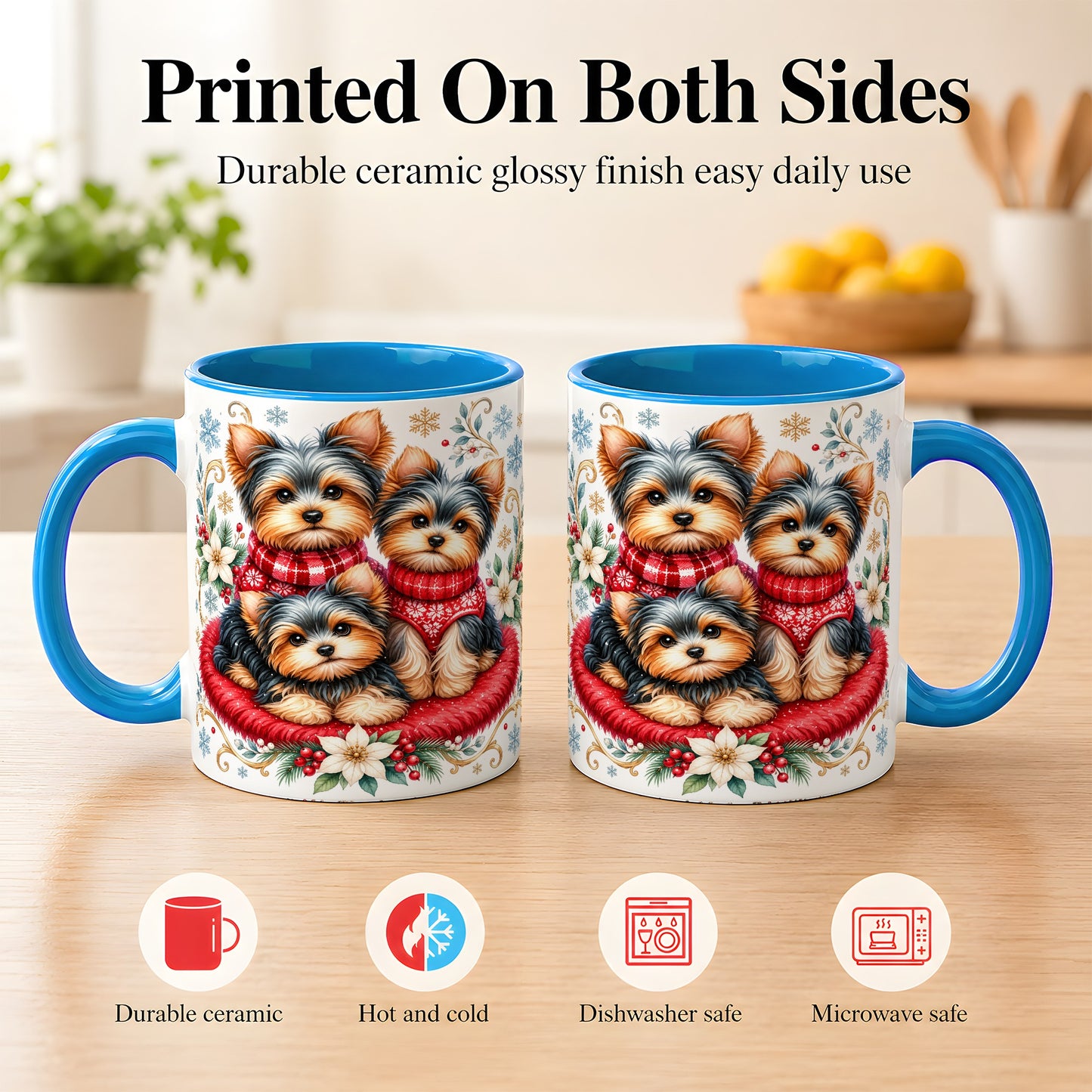 #pl[11oz|Blue] Yorkshire Terrier Trio Coffee Mug, Christmas Dog Mug, Ceramic Cup