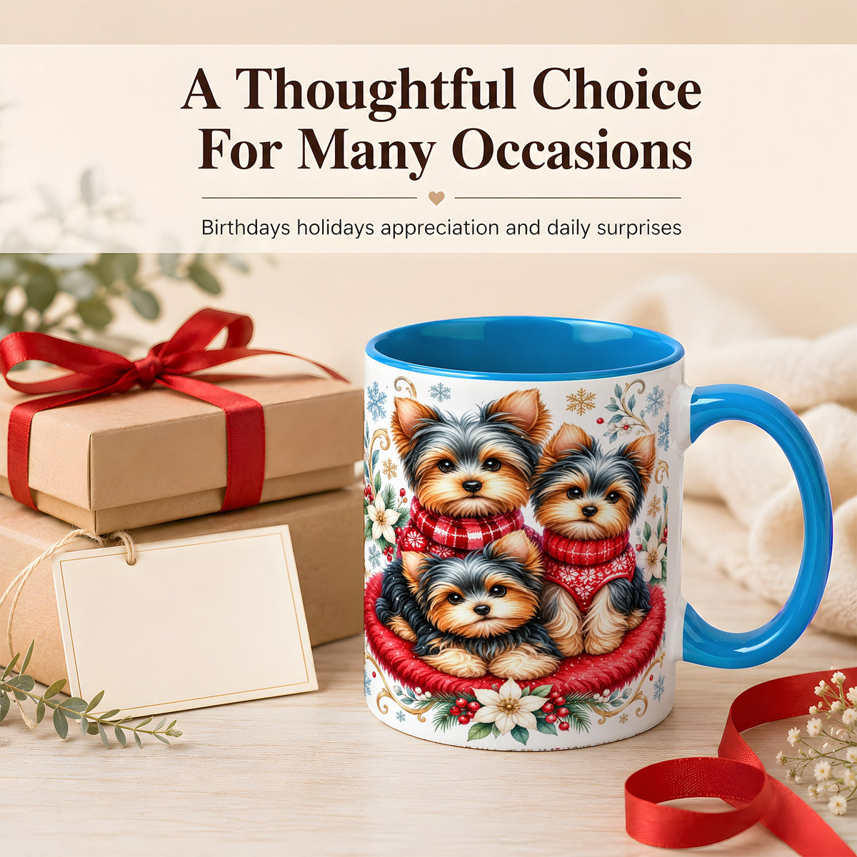 #pl[11oz|Blue] Yorkshire Terrier Trio Coffee Mug, Christmas Dog Mug, Ceramic Cup