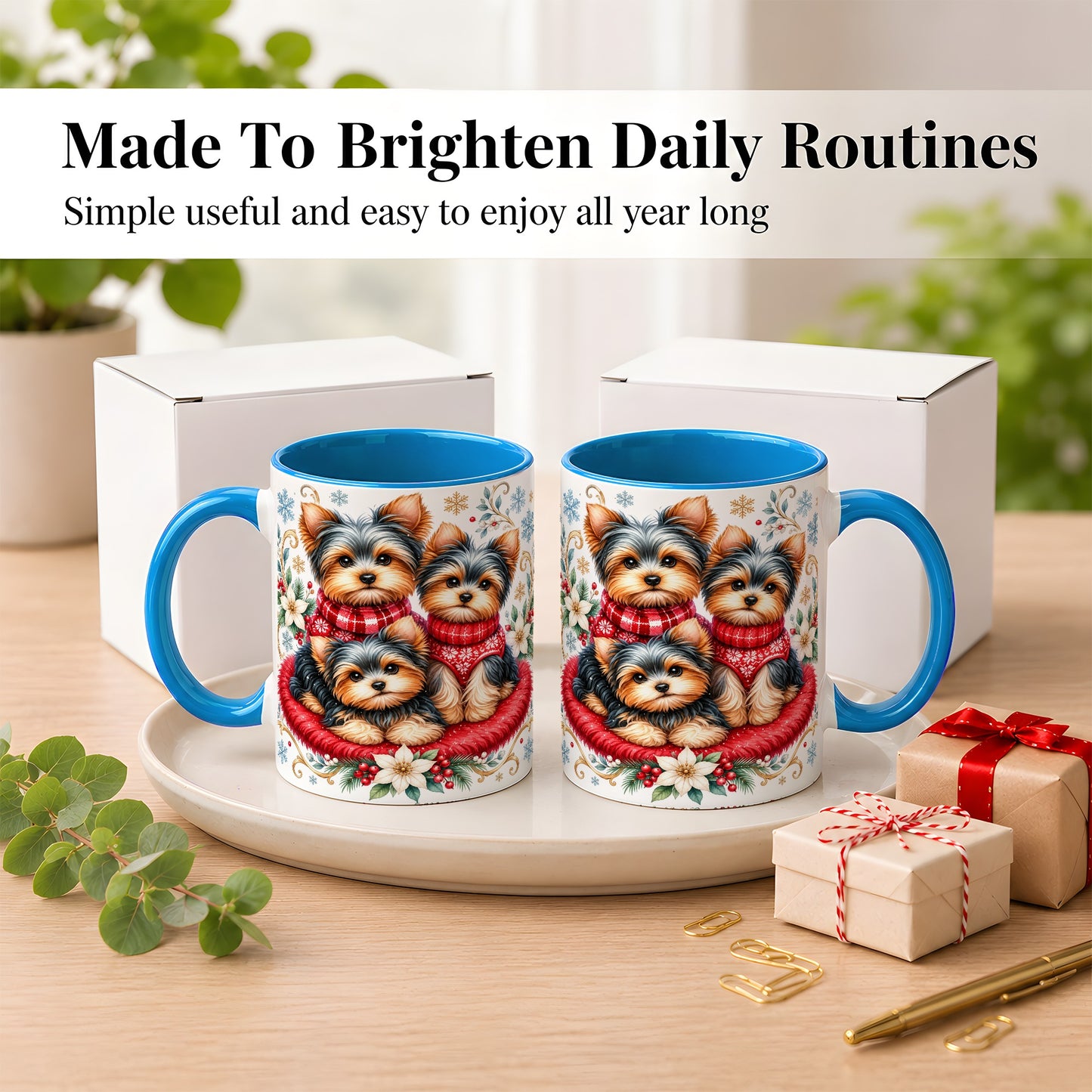#pl[11oz|Blue] Yorkshire Terrier Trio Coffee Mug, Christmas Dog Mug, Ceramic Cup