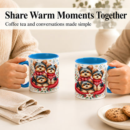 #pl[11oz|Blue] Yorkshire Terrier Trio Coffee Mug, Christmas Dog Mug, Ceramic Cup
