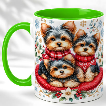 #pl[11oz|Green] Yorkshire Terrier Trio Coffee Mug, Christmas Dog Mug, Ceramic Cup