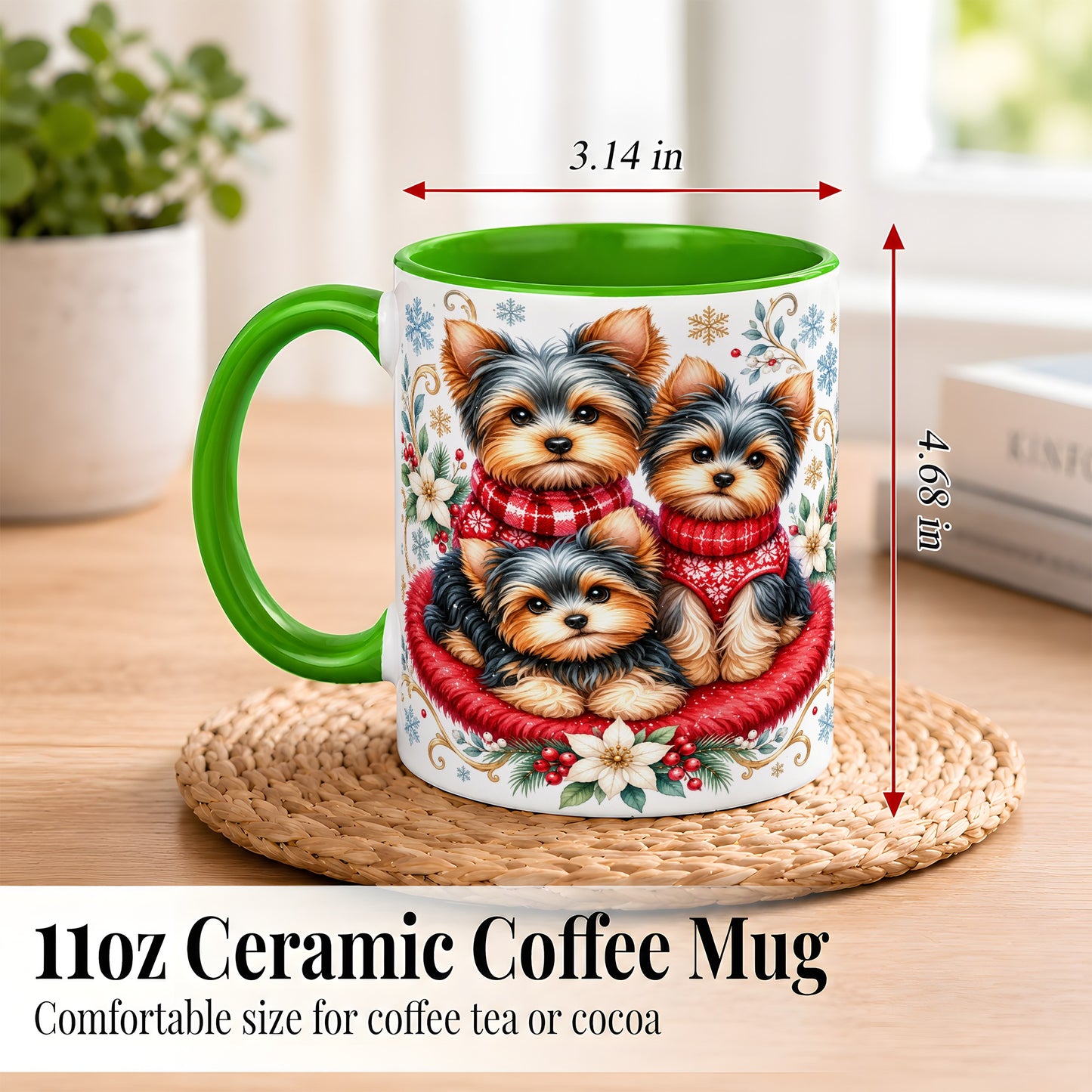 #pl[11oz|Green] Yorkshire Terrier Trio Coffee Mug, Christmas Dog Mug, Ceramic Cup
