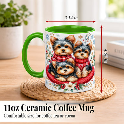 #pl[11oz|Green] Yorkshire Terrier Trio Coffee Mug, Christmas Dog Mug, Ceramic Cup