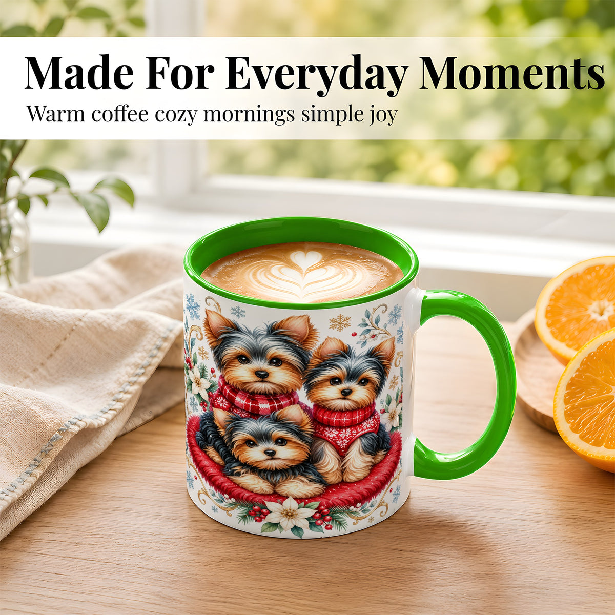 #pl[11oz|Green] Yorkshire Terrier Trio Coffee Mug, Christmas Dog Mug, Ceramic Cup