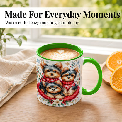 #pl[11oz|Green] Yorkshire Terrier Trio Coffee Mug, Christmas Dog Mug, Ceramic Cup