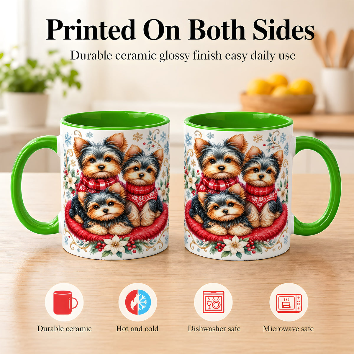 #pl[11oz|Green] Yorkshire Terrier Trio Coffee Mug, Christmas Dog Mug, Ceramic Cup