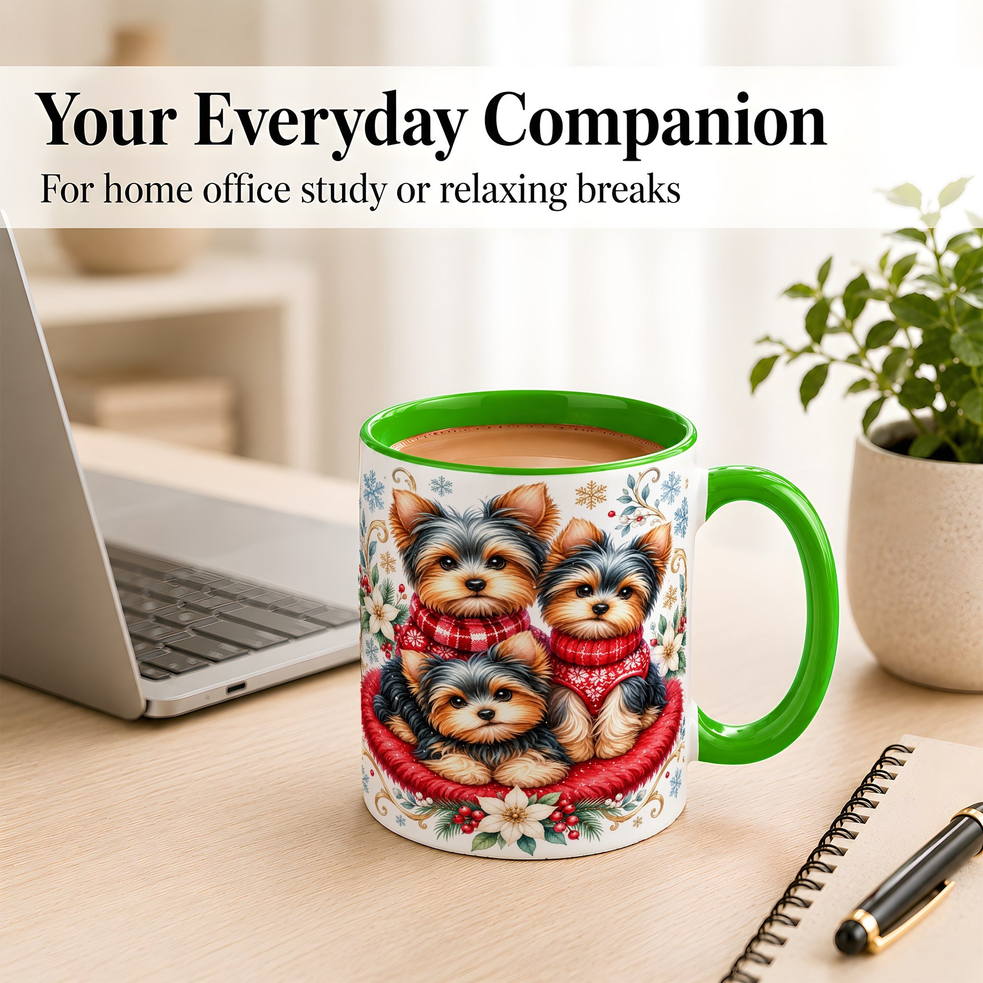 #pl[11oz|Green] Yorkshire Terrier Trio Coffee Mug, Christmas Dog Mug, Ceramic Cup