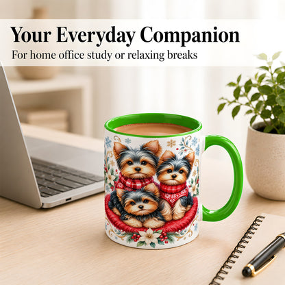 #pl[11oz|Green] Yorkshire Terrier Trio Coffee Mug, Christmas Dog Mug, Ceramic Cup