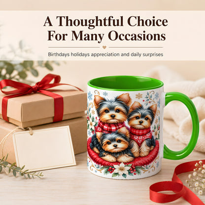 #pl[11oz|Green] Yorkshire Terrier Trio Coffee Mug, Christmas Dog Mug, Ceramic Cup