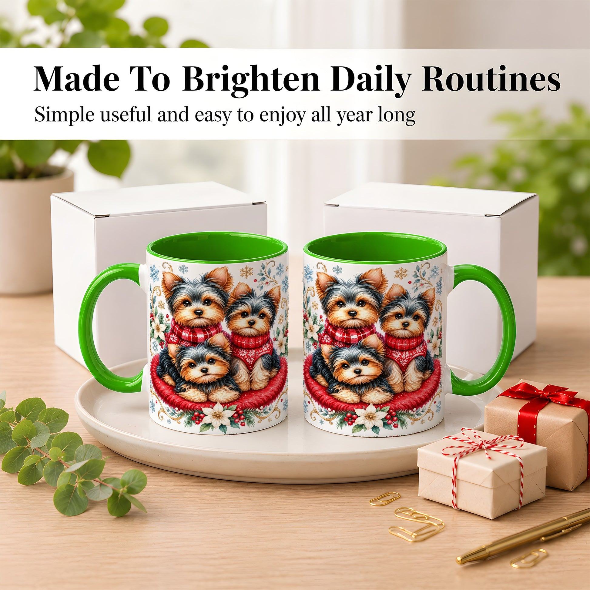 #pl[11oz|Green] Yorkshire Terrier Trio Coffee Mug, Christmas Dog Mug, Ceramic Cup