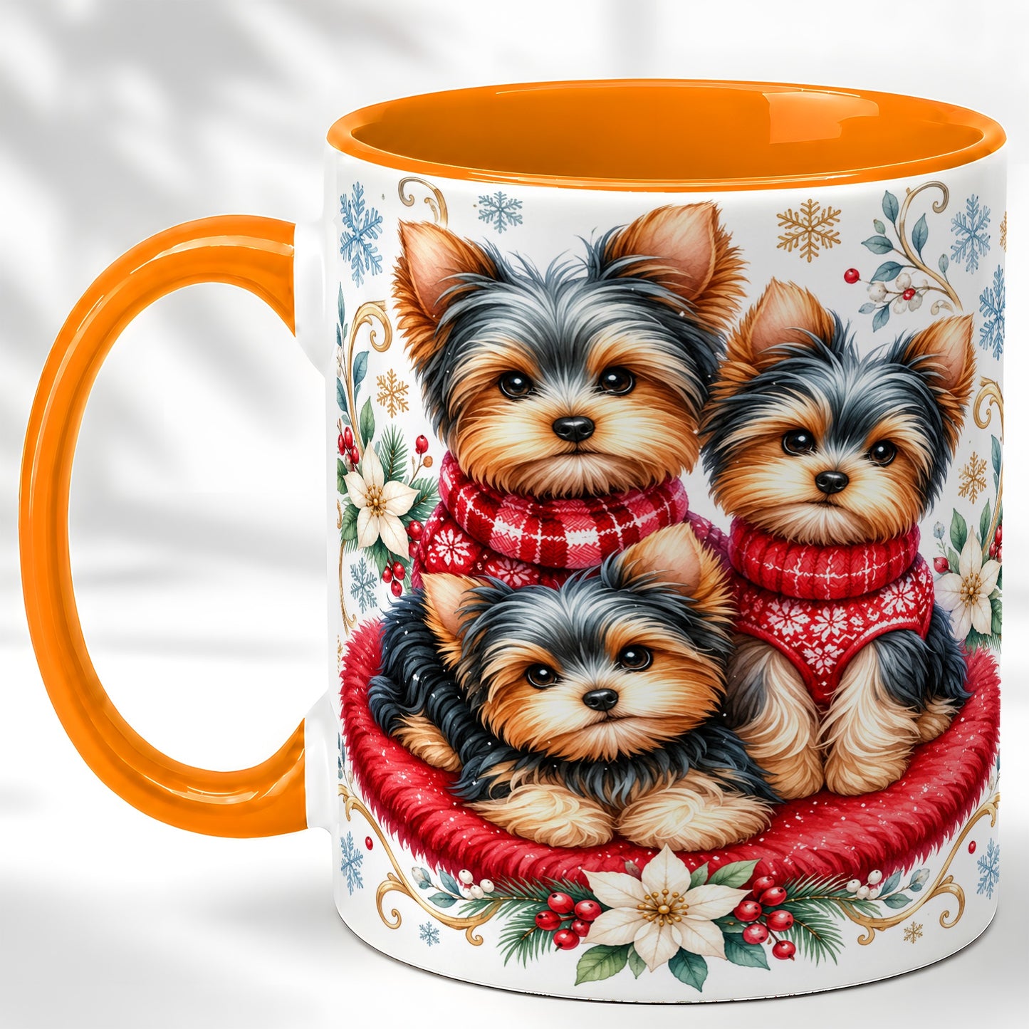 #pl[11oz|Orange] Yorkshire Terrier Trio Coffee Mug, Christmas Dog Mug, Ceramic Cup