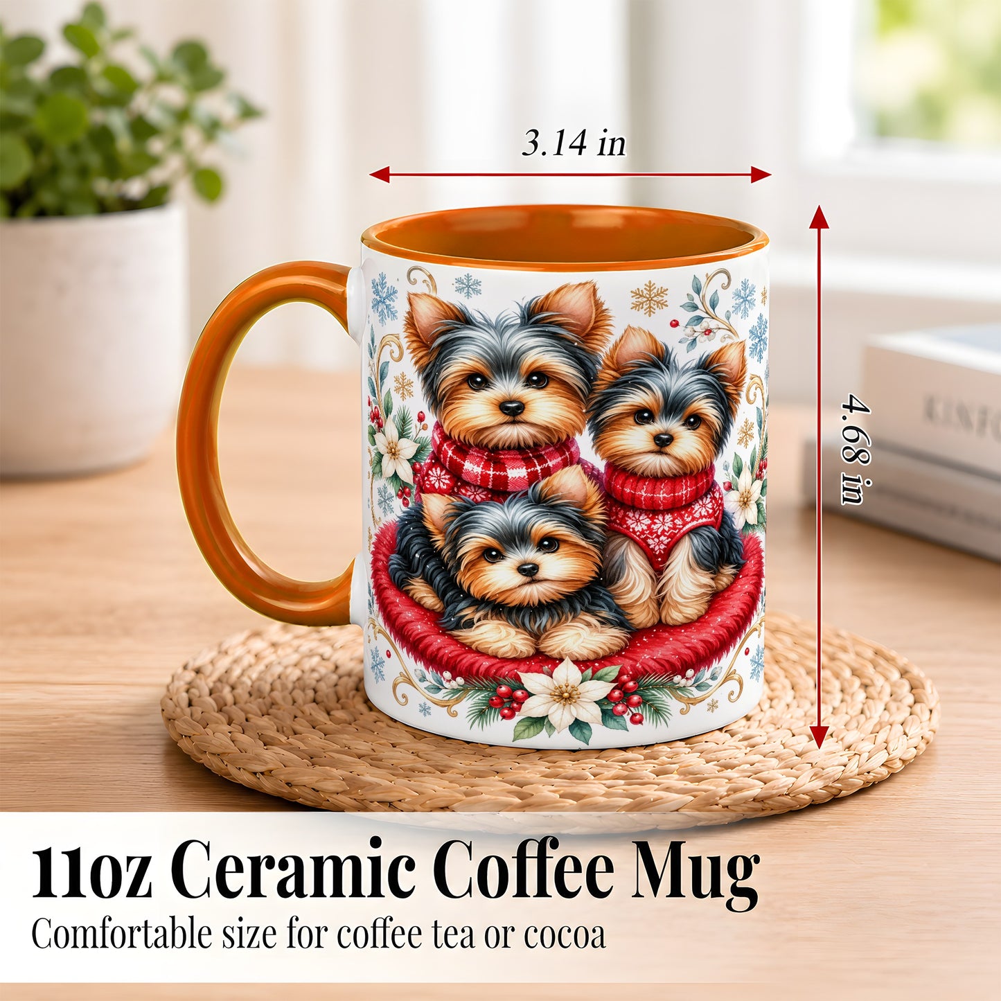 #pl[11oz|Orange] Yorkshire Terrier Trio Coffee Mug, Christmas Dog Mug, Ceramic Cup