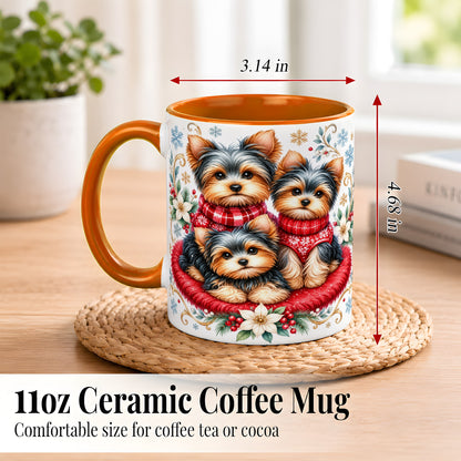 #pl[11oz|Orange] Yorkshire Terrier Trio Coffee Mug, Christmas Dog Mug, Ceramic Cup