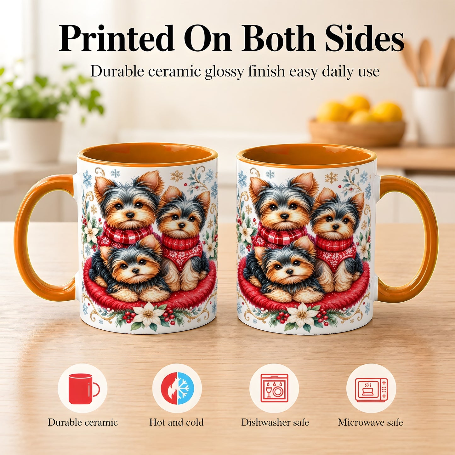 #pl[11oz|Orange] Yorkshire Terrier Trio Coffee Mug, Christmas Dog Mug, Ceramic Cup
