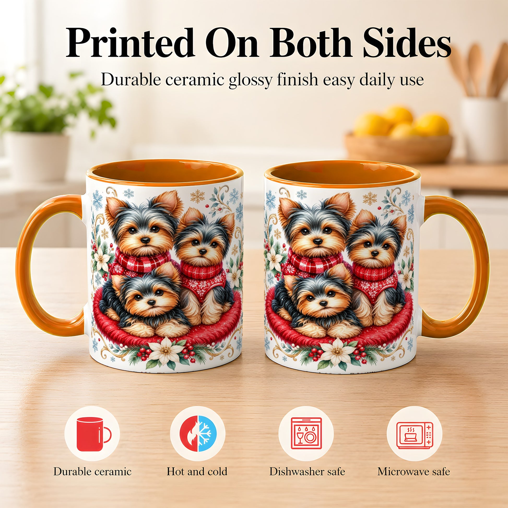 #pl[11oz|Orange] Yorkshire Terrier Trio Coffee Mug, Christmas Dog Mug, Ceramic Cup