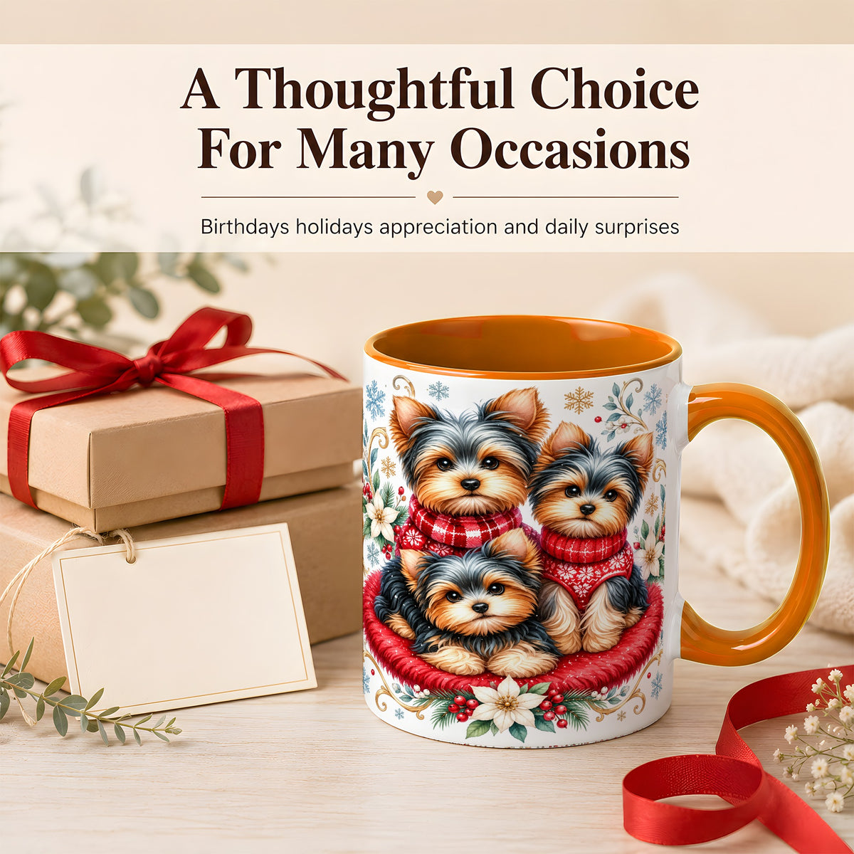 #pl[11oz|Orange] Yorkshire Terrier Trio Coffee Mug, Christmas Dog Mug, Ceramic Cup