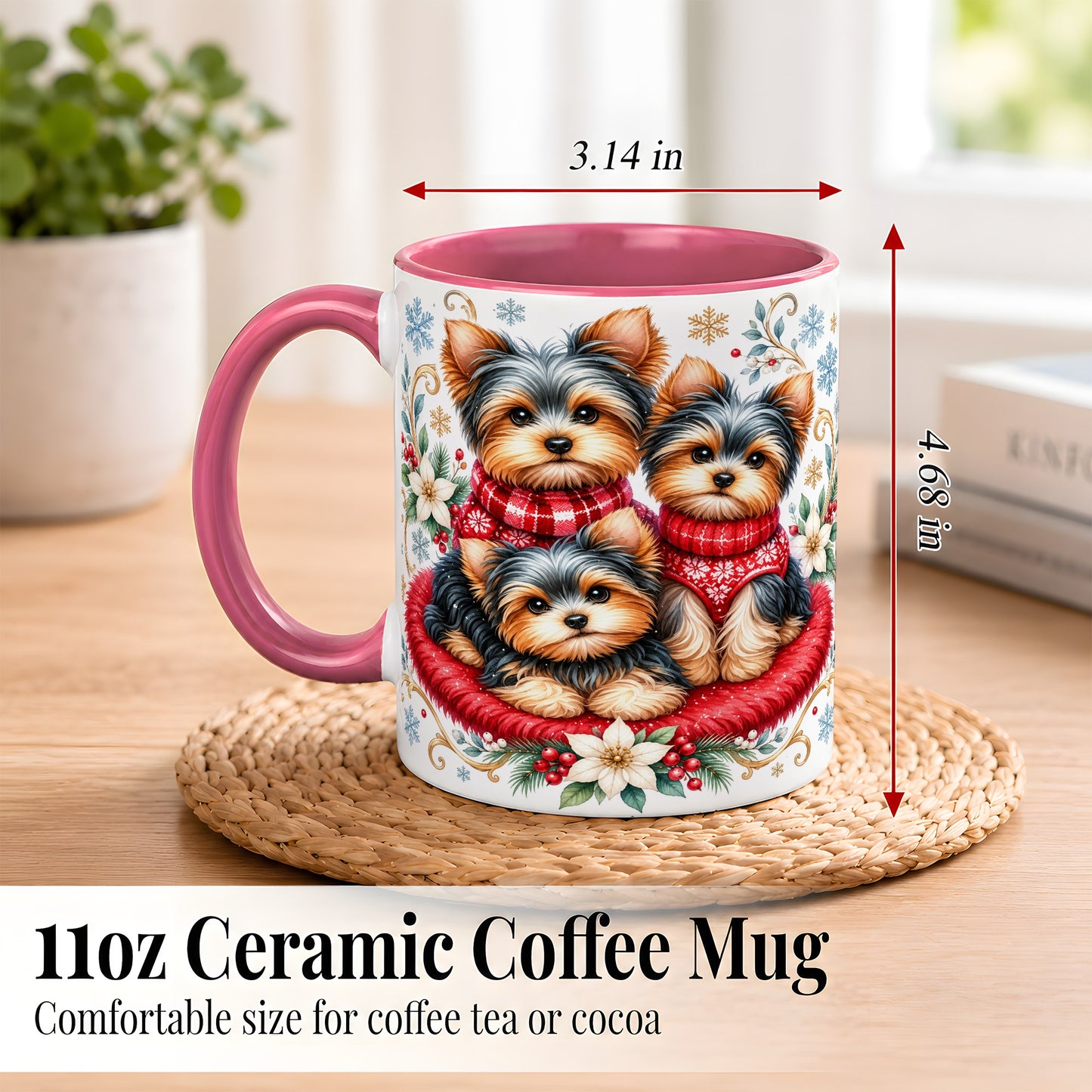 #pl[11oz|Pink] Yorkshire Terrier Trio Coffee Mug, Christmas Dog Mug, Ceramic Cup