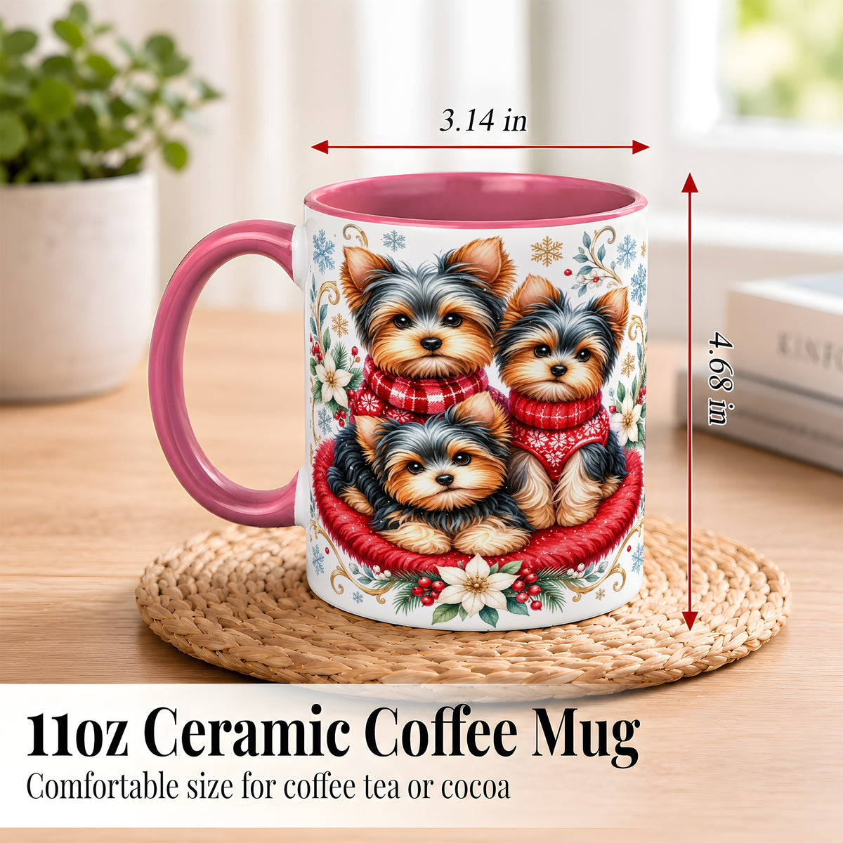 #pl[11oz|Pink] Yorkshire Terrier Trio Coffee Mug, Christmas Dog Mug, Ceramic Cup