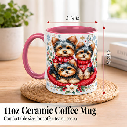 #pl[11oz|Pink] Yorkshire Terrier Trio Coffee Mug, Christmas Dog Mug, Ceramic Cup