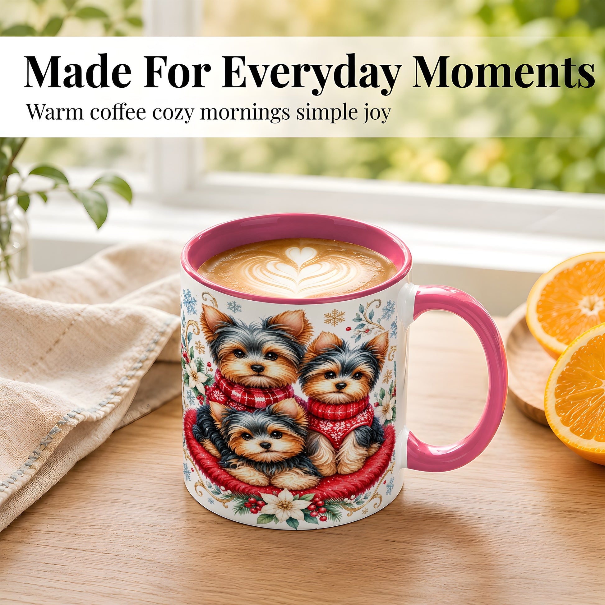 #pl[11oz|Pink] Yorkshire Terrier Trio Coffee Mug, Christmas Dog Mug, Ceramic Cup