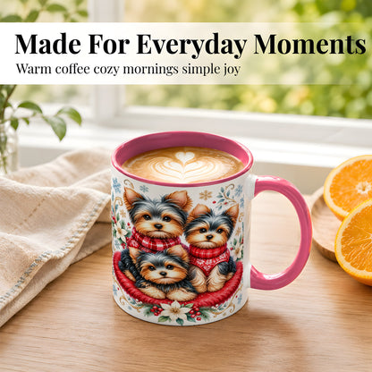 #pl[11oz|Pink] Yorkshire Terrier Trio Coffee Mug, Christmas Dog Mug, Ceramic Cup