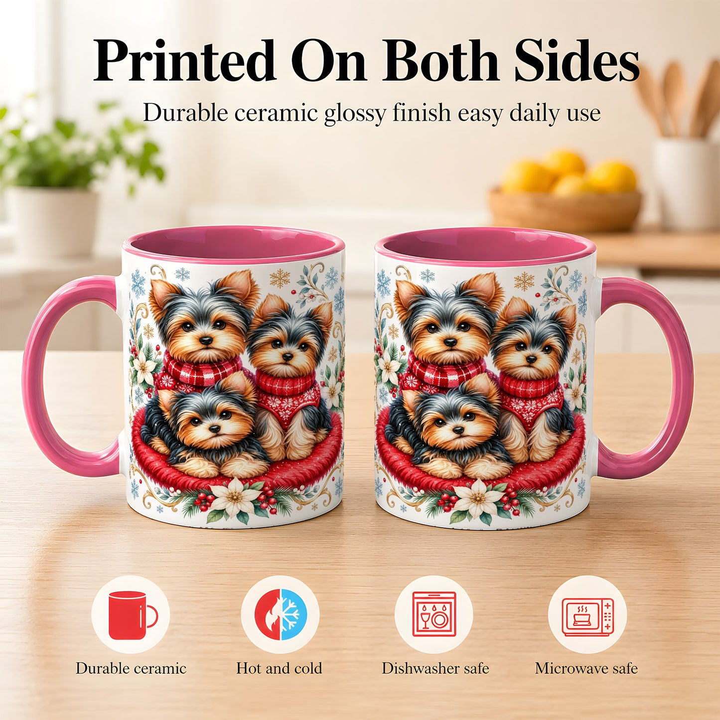 #pl[11oz|Pink] Yorkshire Terrier Trio Coffee Mug, Christmas Dog Mug, Ceramic Cup