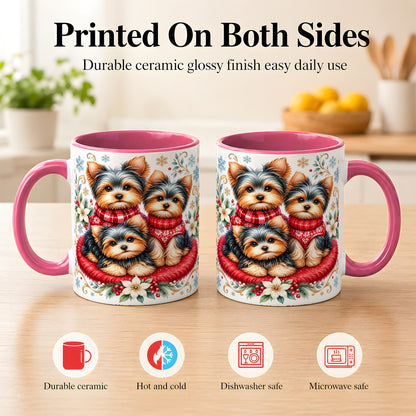 #pl[11oz|Pink] Yorkshire Terrier Trio Coffee Mug, Christmas Dog Mug, Ceramic Cup