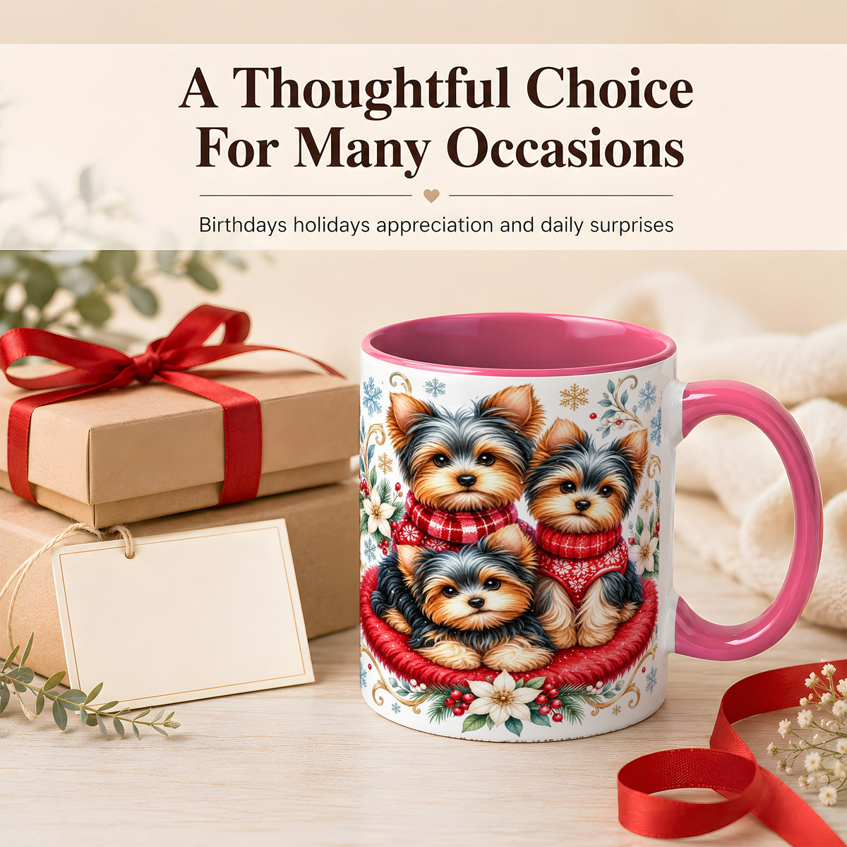 #pl[11oz|Pink] Yorkshire Terrier Trio Coffee Mug, Christmas Dog Mug, Ceramic Cup