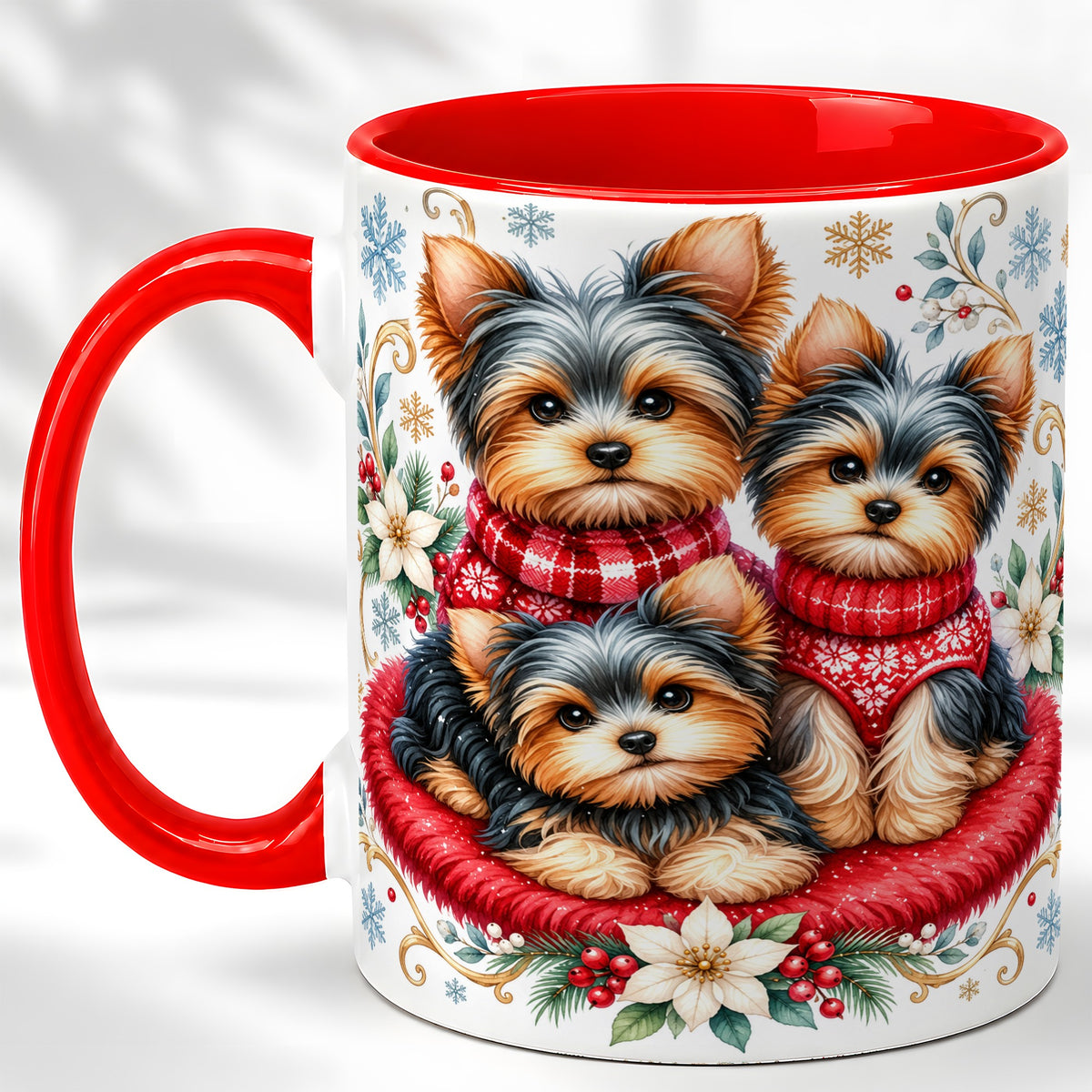 Yorkshire Terrier Trio Coffee Mug, Christmas Dog Mug, Ceramic Cup