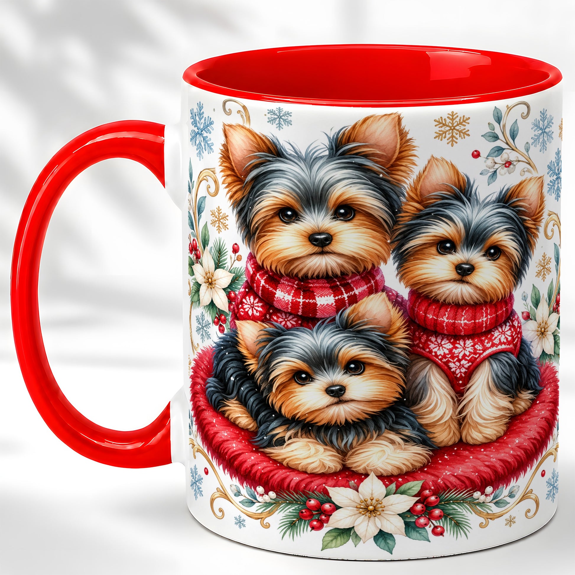 Yorkshire Terrier Trio Coffee Mug, Christmas Dog Mug, Ceramic Cup
