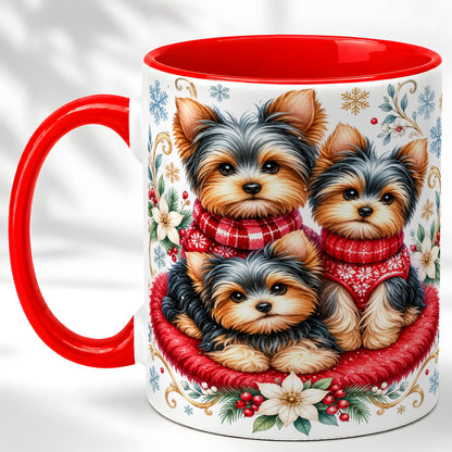 Yorkshire Terrier Trio Coffee Mug, Christmas Dog Mug, Ceramic Cup