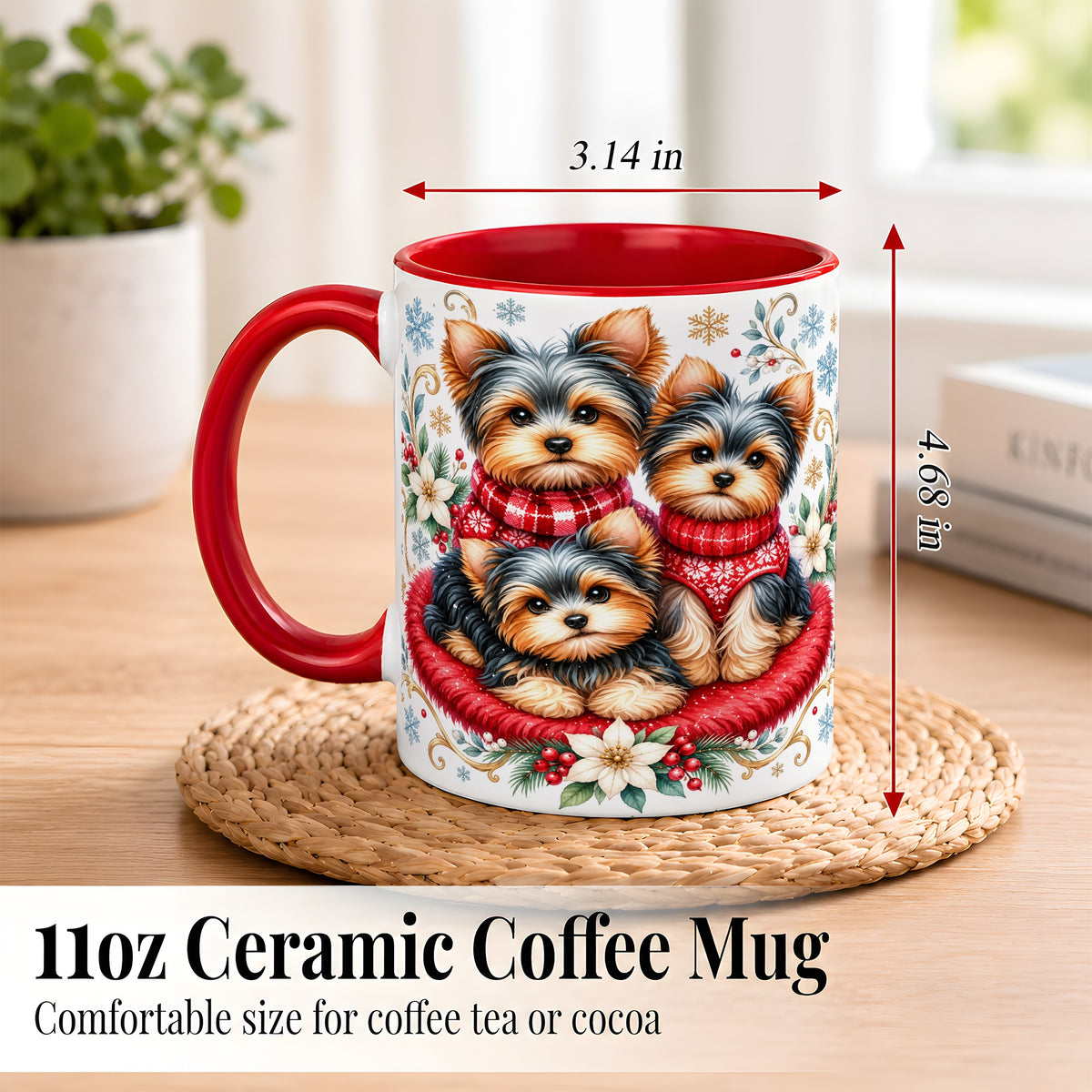 #pl[11oz|Red] Yorkshire Terrier Trio Coffee Mug, Christmas Dog Mug, Ceramic Cup