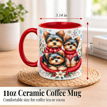 #pl[11oz|Red] Yorkshire Terrier Trio Coffee Mug, Christmas Dog Mug, Ceramic Cup