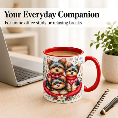 #pl[11oz|Red] Yorkshire Terrier Trio Coffee Mug, Christmas Dog Mug, Ceramic Cup