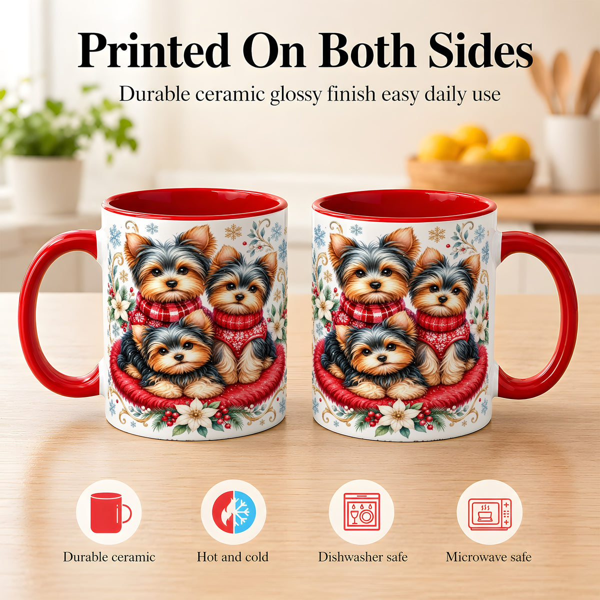 #pl[11oz|Red] Yorkshire Terrier Trio Coffee Mug, Christmas Dog Mug, Ceramic Cup