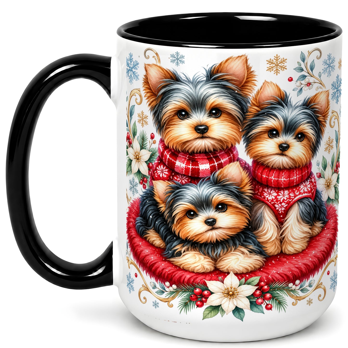 #pl[15oz|Black] Yorkshire Terrier Trio Coffee Mug, Christmas Dog Mug, Ceramic Cup