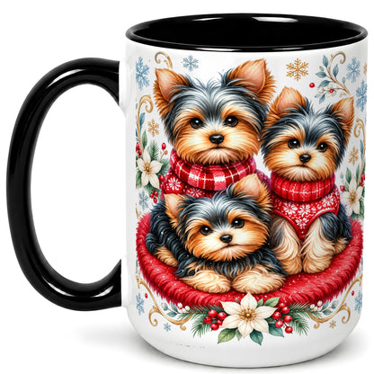 #pl[15oz|Black] Yorkshire Terrier Trio Coffee Mug, Christmas Dog Mug, Ceramic Cup