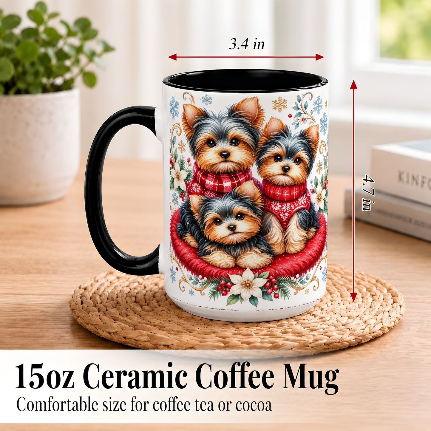 #pl[15oz|Black] Yorkshire Terrier Trio Coffee Mug, Christmas Dog Mug, Ceramic Cup