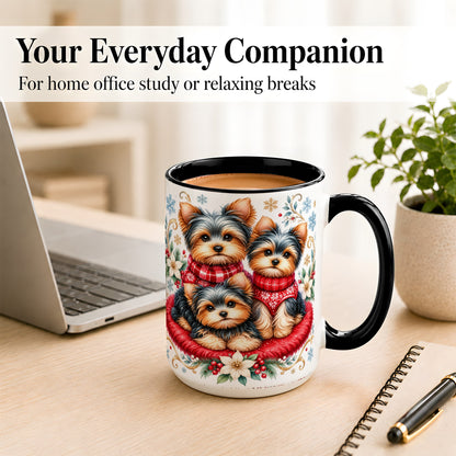 #pl[15oz|Black] Yorkshire Terrier Trio Coffee Mug, Christmas Dog Mug, Ceramic Cup