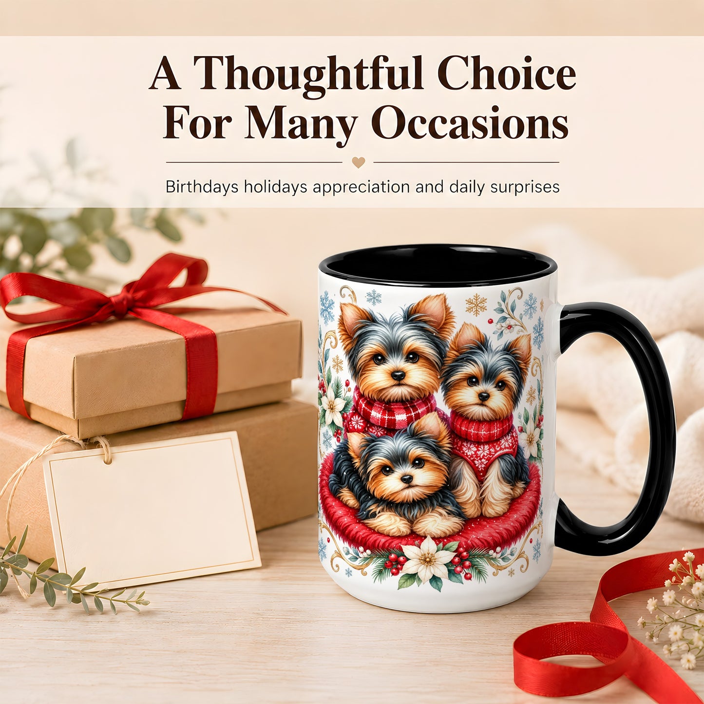 #pl[15oz|Black] Yorkshire Terrier Trio Coffee Mug, Christmas Dog Mug, Ceramic Cup