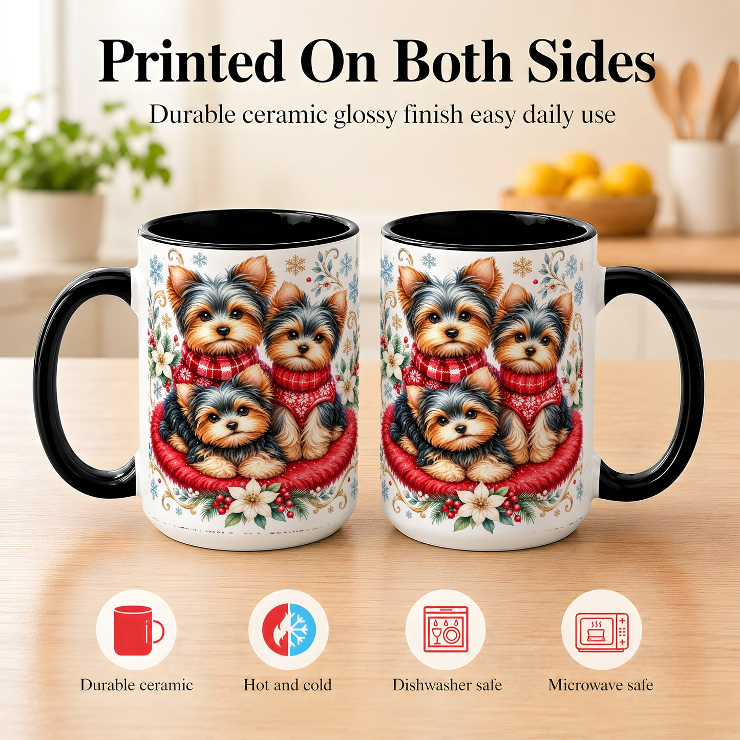 #pl[15oz|Black] Yorkshire Terrier Trio Coffee Mug, Christmas Dog Mug, Ceramic Cup