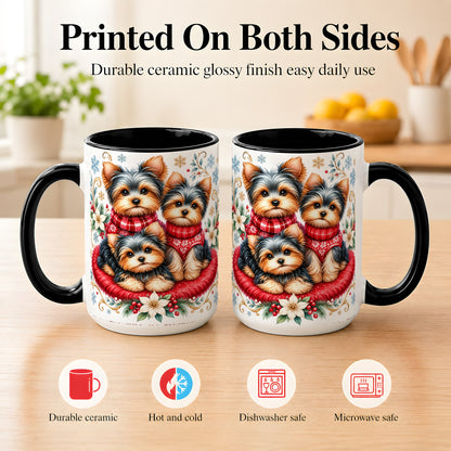 #pl[15oz|Black] Yorkshire Terrier Trio Coffee Mug, Christmas Dog Mug, Ceramic Cup