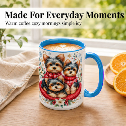 #pl[15oz|Blue] Yorkshire Terrier Trio Coffee Mug, Christmas Dog Mug, Ceramic Cup